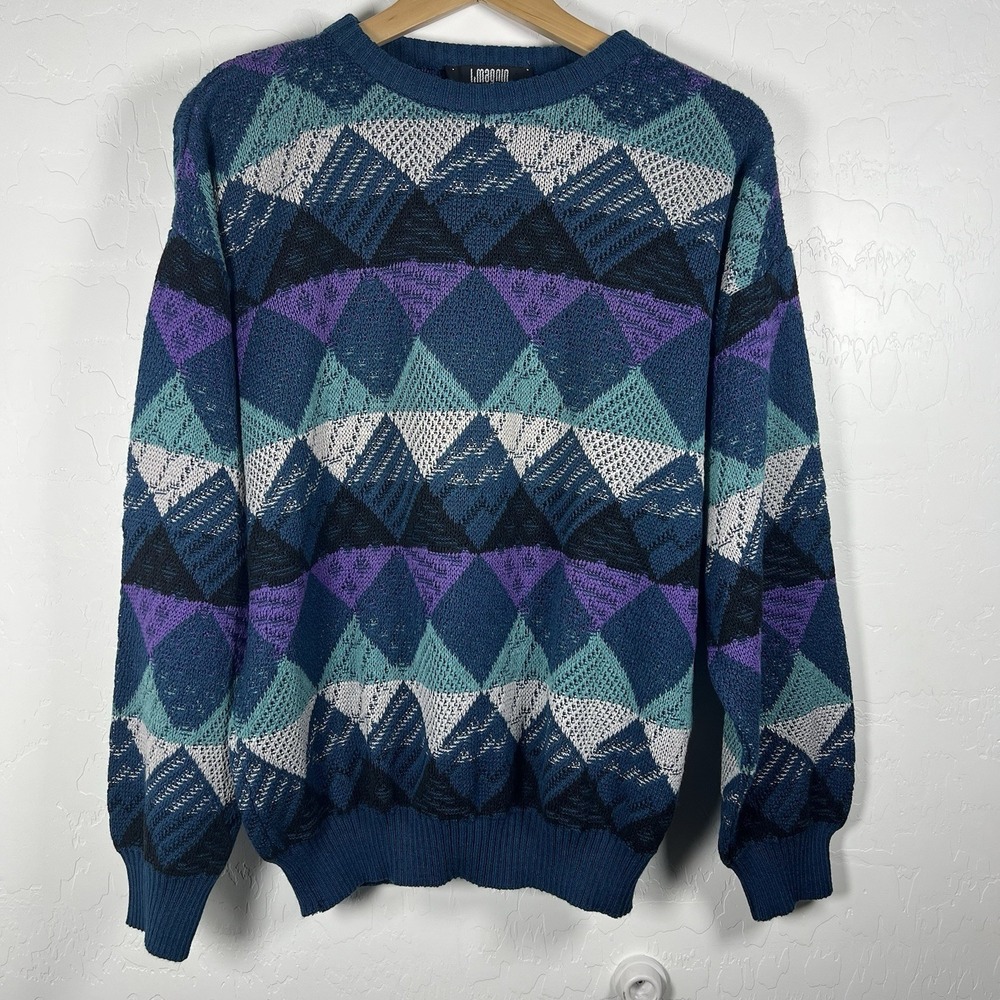 VTG I. Magnin Mens Geometric Print Textured Sweater M Blue Grandpa 90s Funky